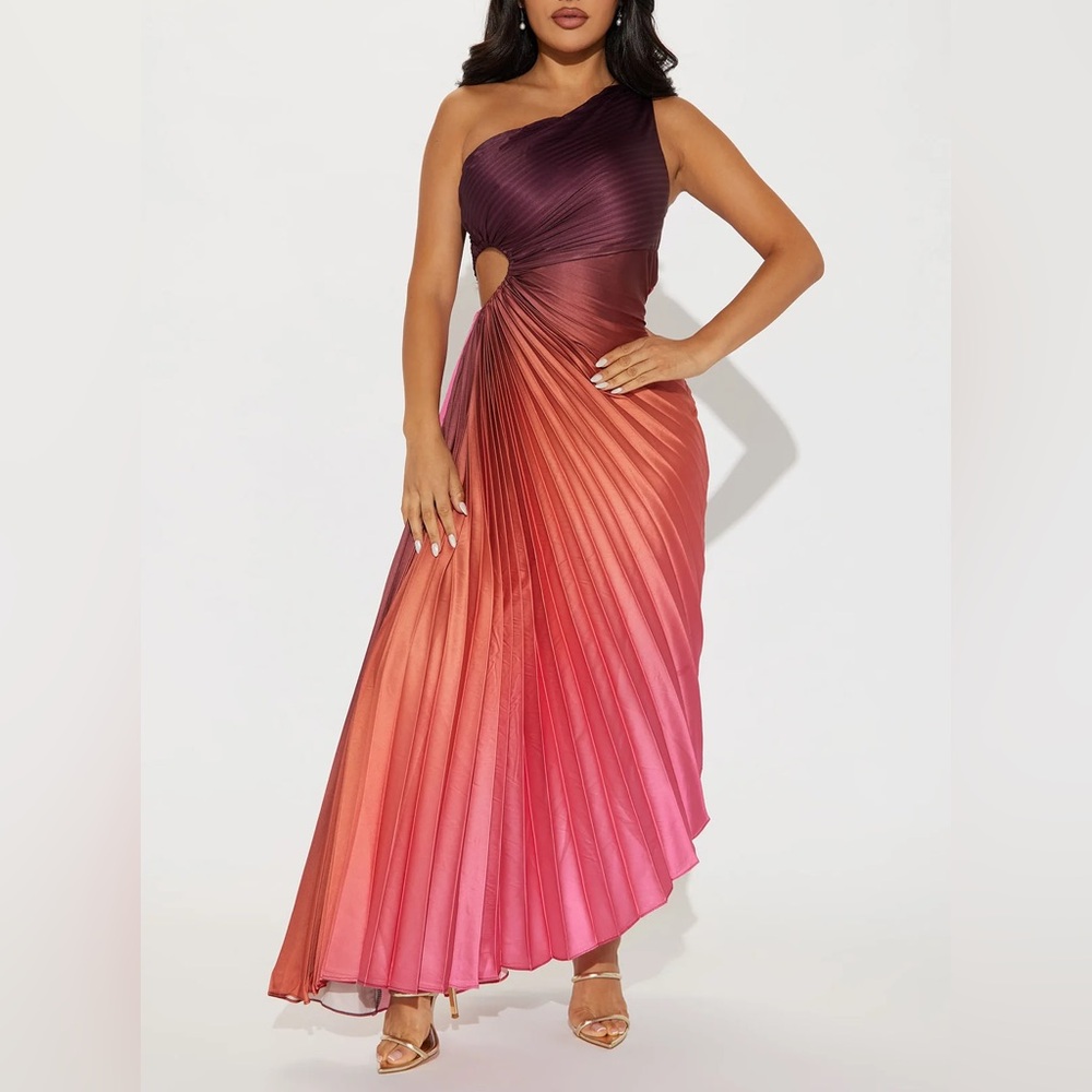 Fashion Nova One-Shoulder Ombre Pleated Gown in Burgundy-to-Pink
